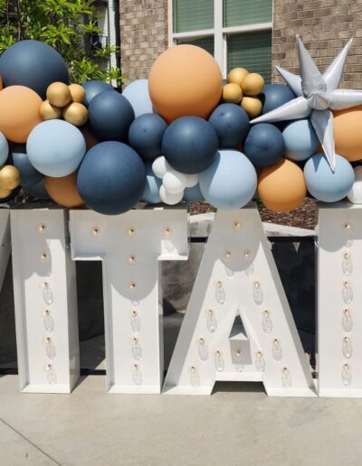 Organic balloon garland around light-up marquee letters that read "vital" in navy, light blue, tan, gold, and white colors with jumbo star foils.